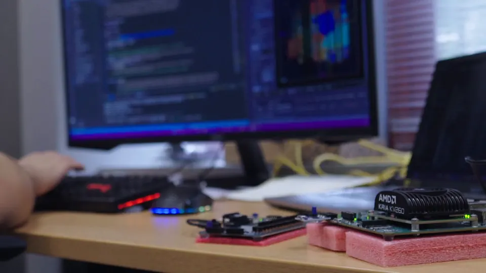AMD-Xilinx development boards on the lab bench in front of two monitors