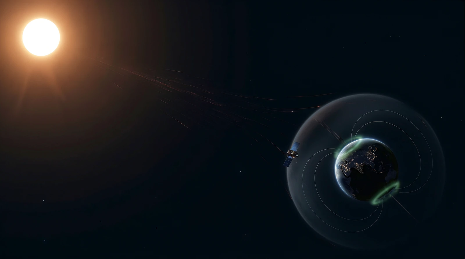 Particles from the Sun travel towards Earth, which is wrapped in its magnetic field, with a satellite in orbit
