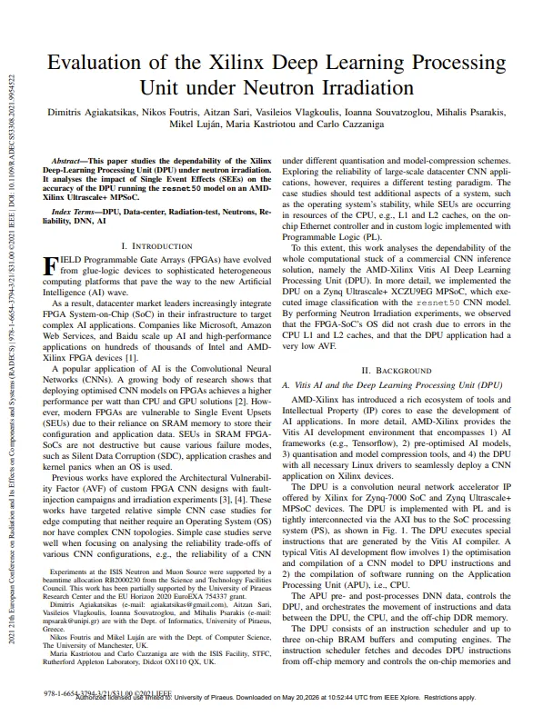First page of the paper Evaluation of the Xilinx Deep Learning Processing Unit under Neutron Irradiation
