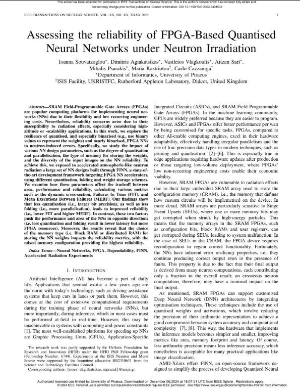 First page of the paper Assessing the reliability of FPGA-Based Quantised Neural Networks under Neutron Irradiation, IEEE Transactions on Nuclear Science