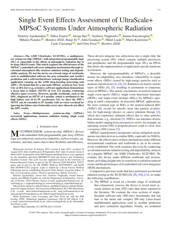 First page of the paper Single Event Effects Assessment of UltraScale+ MPSoC Systems Under Atmospheric Radiation, IEEE Transactions on Reliability