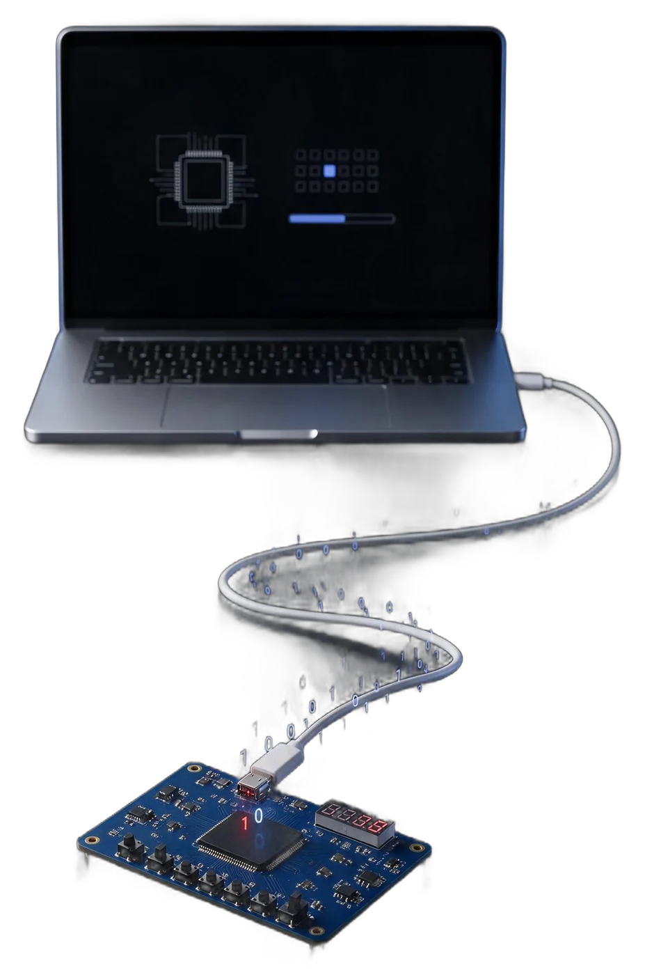 A laptop connected by a single USB cable to an FPGA development board, with bits travelling along the cable